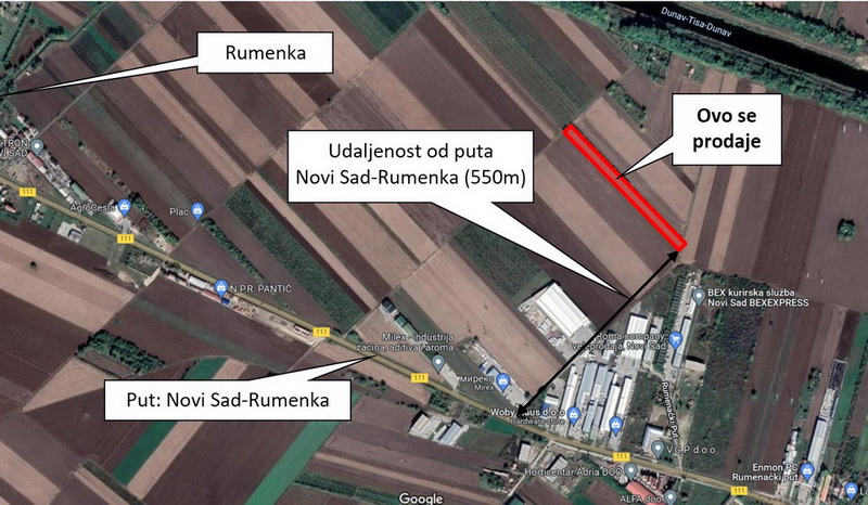 Zemljište pored puta Novi Sad – Rumenka, 550m od glavnog puta (videti mapu).